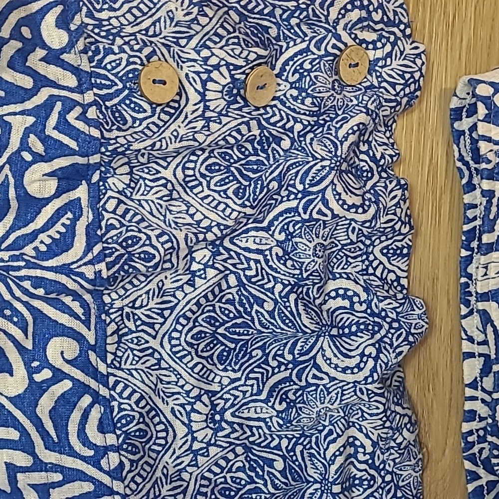 RACHEL ZOE Boho Printed Pattern 2 pc Large Wide Leg Pant Set Blue 100% Linen L - Picture 5 of 11